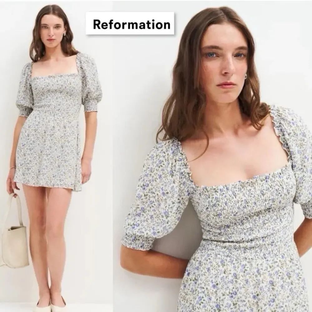 Reformation Elle Mini Dress Blue Floral Puff Sleeve Smocked Size 10